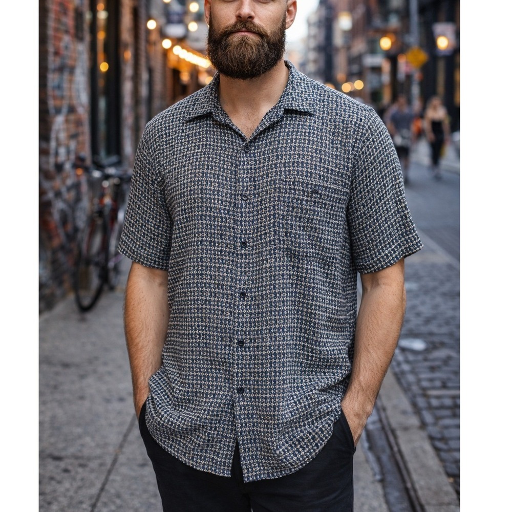 Basic Editions Mens Rayon Short Sleeve Button Up Shirt Geometric Print Blue L‎